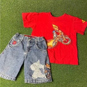 Vintage Y2K Flamehead JNCO Childrens Skater Denim Shorts & Graphic T Shirt Sz 5